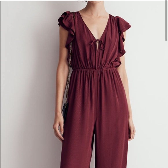 Madewell Jacquard Deep V Wine/Burgundy Flutter Sleeve Silky Romper - Picture 5 of 9